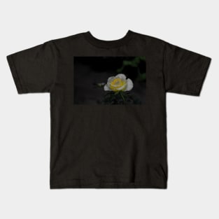 White rose blossom with bright yellow center on dark green black background Kids T-Shirt